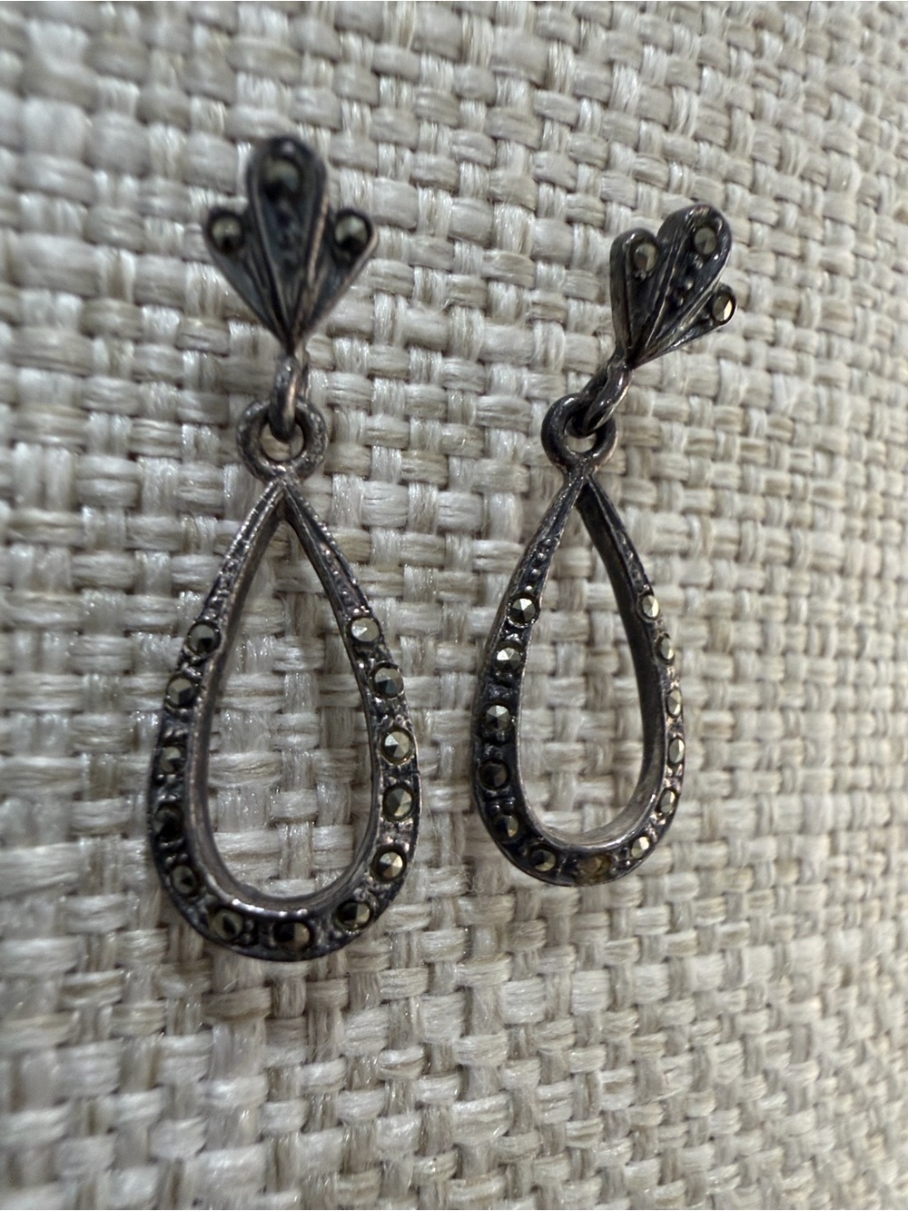 Vintage Sterling Silver Marcasite Teardrop Dangle Earrings